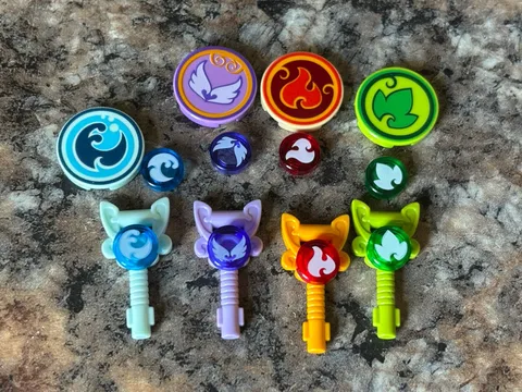 Lego Elves 41078 Utensil Key x 4 & 1x1/2x2 Tiles Fire Water Earth Wind Power