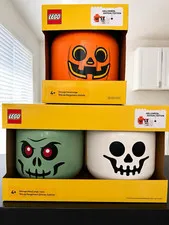LEGO Storage Head Halloween Edition Set Plastic Containers Orange/Green/White