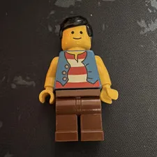 LEGO Minifigure Black Hair Blue Vest Red/White Striped Shirt Brown Legs
