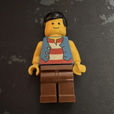 LEGO Minifigure Black Hair Blue Vest Red/White Striped Shirt Brown Legs