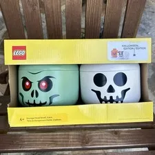 Lego Halloween Edition Small 2 Piece Set Zombie & Skeleton Storage Heads ~ Green