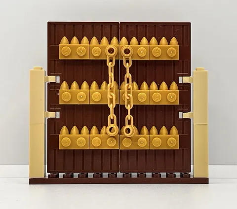 Lego Stockade Doors Reddish Brown W Gold Ramparts Chains Hinges Baseplate New