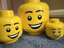 YELLOW LEGO HEAD STORAGE CANISTERS SET OF 3 Large Stackable 11” Boy Smile