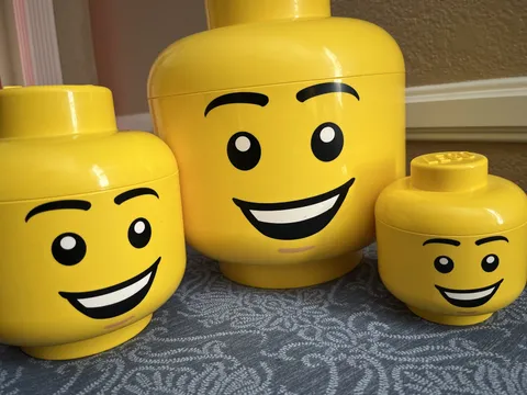 YELLOW LEGO HEAD STORAGE CANISTERS SET OF 3 Large Stackable 11” Boy Smile