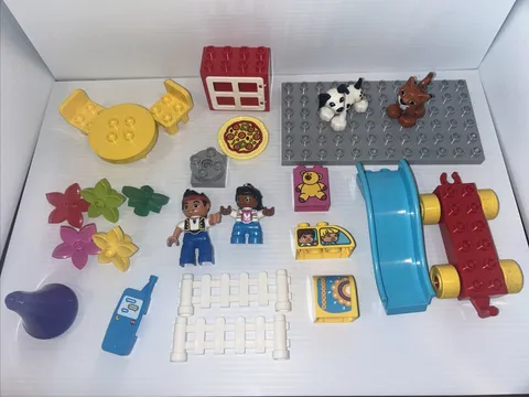 25 pc Set Lego Duplo Figures Table Chairs Slide Car Dog Cat Phone Blocks Flowers