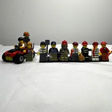 LEGO Minifigure Lot w/ Motorcycle & Accessories Plastic Prisoners +Fire Men 5+