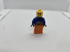 LEGO Minifigure Construction Worker Blue Shirt Orange Overalls Plastic Toy