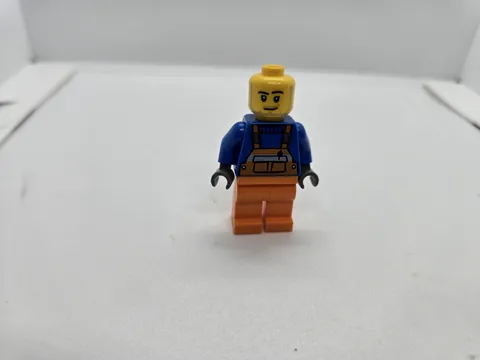LEGO Minifigure Construction Worker Blue Shirt Orange Overalls Plastic Toy