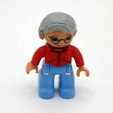 Lego Duplo Grandma Grandmother Figure Gray Hair Glasses Red Shirt Blue Pants
