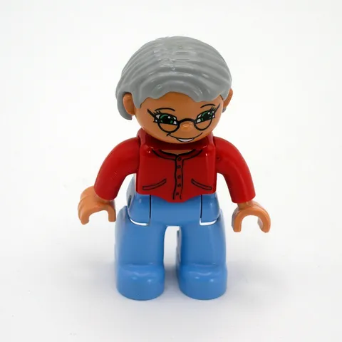 Lego Duplo Grandma Grandmother Figure Gray Hair Glasses Red Shirt Blue Pants