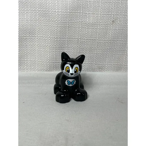 LEGO Duplo Figaro, Black Cat Animal Figure Sitting with Blue Bow Tie White Face