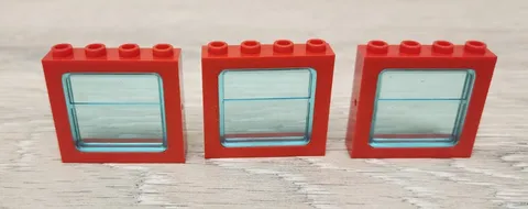 Lego 4033 Red Window 1 x 4 x 3 Train Hollow Studs & Trans Lt Blue Pane Lot Of 3