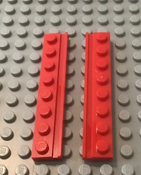 LEGO Pair  DOOR RAIL PLATE 1x8 with Groves - Red