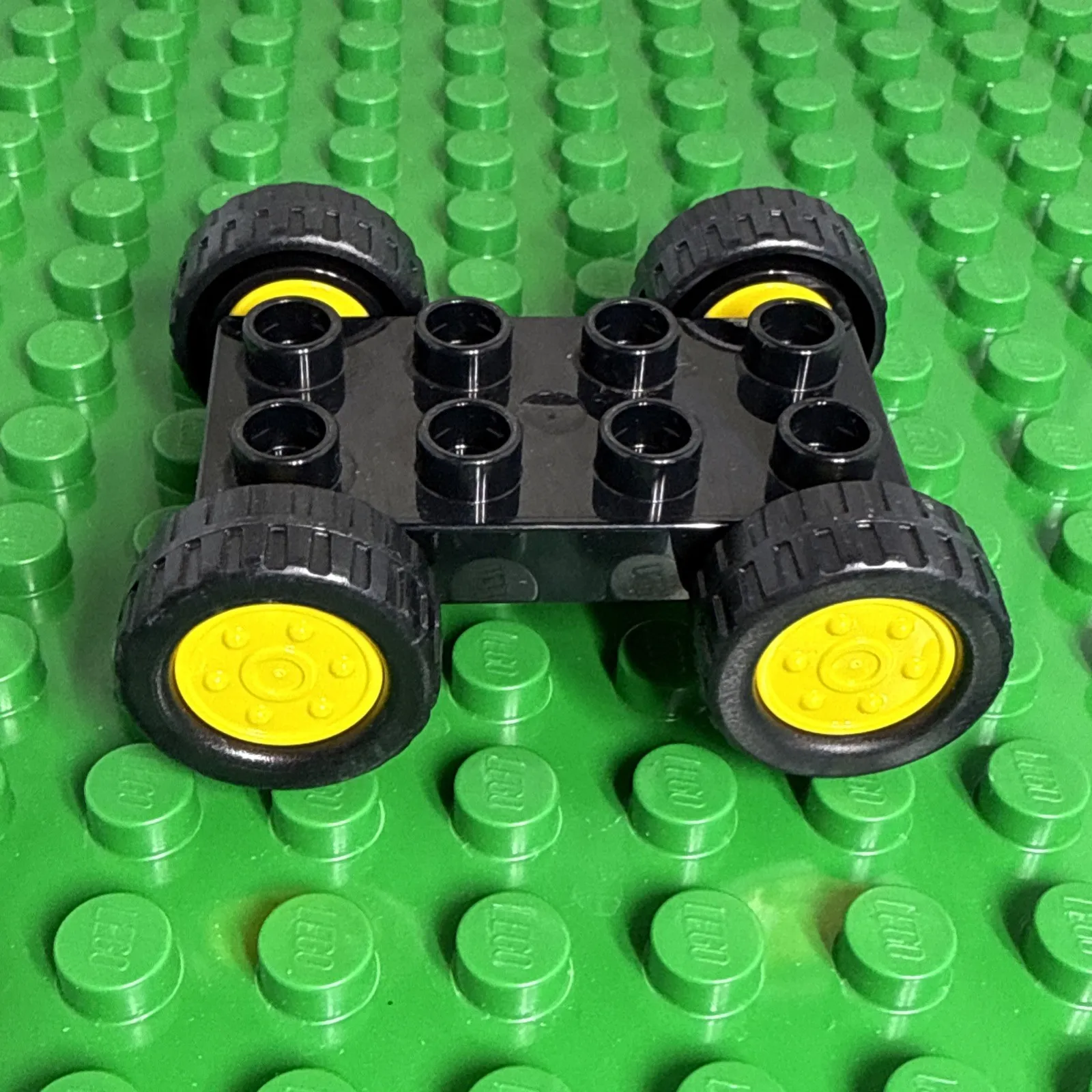 Lego Duplo Car Base 2X4 Fixed Axles Black Tires and yellow wheels