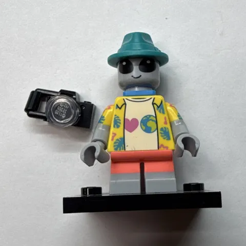 LEGO Alien Minifigure w/ Camera Teal Hat Blue Backpack Black Star Display Base