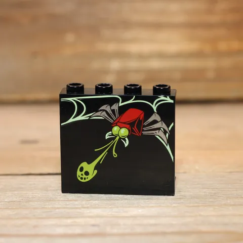 LEGO Black Panel 1x4x3 Lime Skull Green Web Red Spider Printed Brick 60581pb199