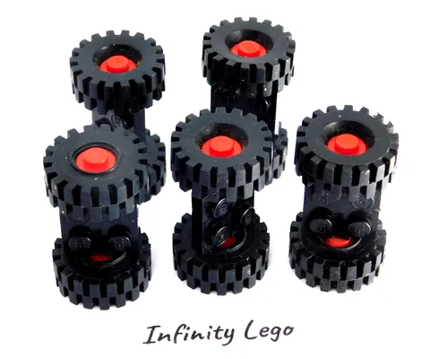 5 LEGO 1980-1986 Vintage Black Plate 2 x 2 with Red Wheels & Tire Ø21 x 8 - 5pc
