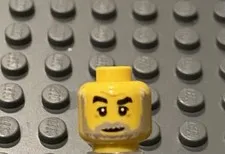 LEGO Yellow Minifig Light Gray Beard, Black Eyebrows, Flat Grin, Frown Lines