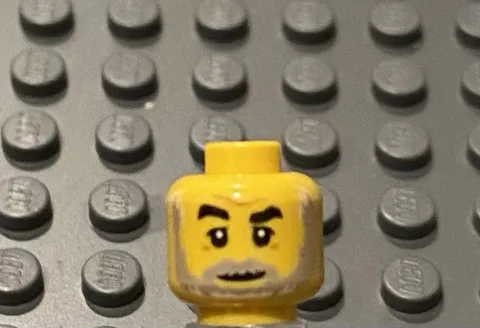 LEGO Yellow Minifig Light Gray Beard, Black Eyebrows, Flat Grin, Frown Lines