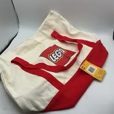 LEGO Logo Red Cream Canvas Tote Bag Reusable Shopping Bag New With Tags