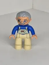 Lego Duplo Figure Grandpa Grandfather Farmer Dad Man Elderly Overalls Tan Blue