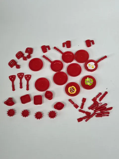 Lot Of LEGO Friends Kitchen Frying Pan Forks Knives Plate Dish Spatulas Cups Red