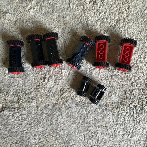 LEGO Vintage Black Axel Plate 2x2 Red Wheel Tire Small Classic Town Lot of 8