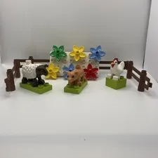 VTG Lego Duplo Farm Animals Figures Chicken Sheep Pig Fence Flowers Retro