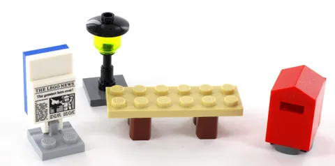 LEGO City Mailbox, Magazine Rack, Bank, Park Bench, Lamp, Lantern, NEW