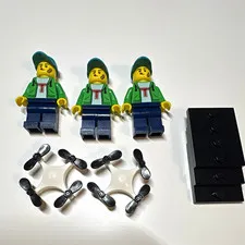 LEGO Minifigures Lot of 3 w/ Accessories Green Jacket Blue Pants Green Cap