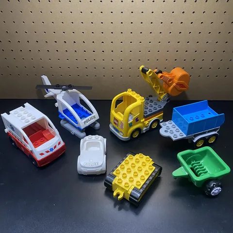Lego Car Lot- 7 Pieces-Tow Truck, Ambulance, Helicopter - Random Junk Drawer Lot