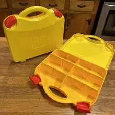 2 LEGO Brick Yellow & Red Plastic Carrying Case Storage Box w/ Dividers Clean