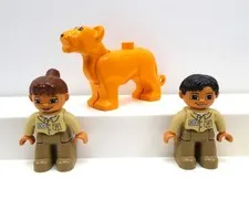 Lego Duplo Zoo Keeper Man & Women Figures w/ Khaki Pants Tan Shirt & Female Lion