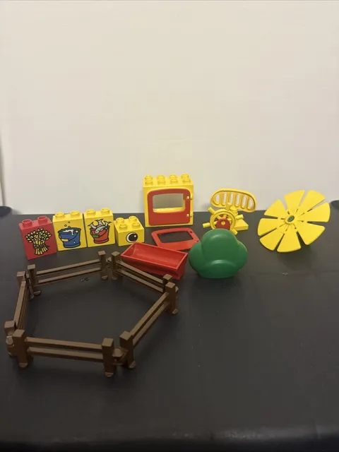 VTG Lego Duplo Blocks Lot Of 16 Assorted Bush Fence Food Door Wheel Windmill
