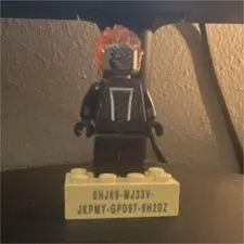 LEGO Minifigure Black Outfit Gray Head w/ Orange Flame Hair Piece Plastic
