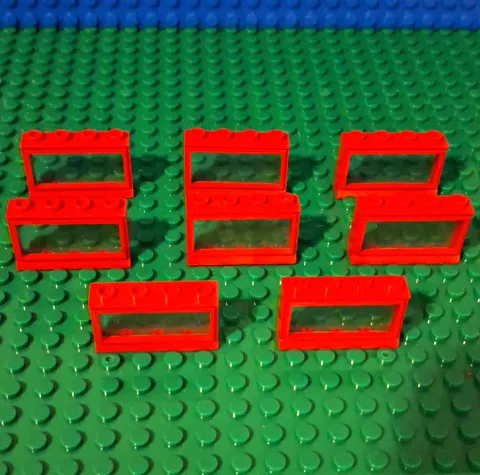 LEGO Vintage Windows 1x4x2 (part number 453 or 4214) In Red With Glass 8 Pieces