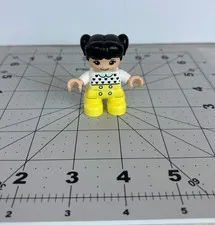 Lego Duplo Child/Girl Figure Pigtails Yellow Pants White Shirt with Hearts