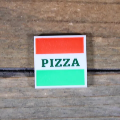 LEGO White Tile 2 x 2 Red Green Stripes & Dark Green 'PIZZA' Pattern 3068pb1045