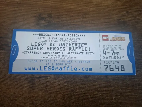 SDCC 2013 LEGO MINIFIG BLACK SUIT SUPERMAN SUPER HEROES RAFFLE TICKET COMIC CON