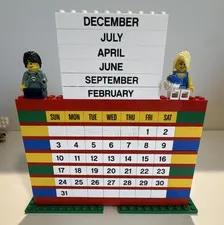 LEGO Brick-Built Perpetual Calendar Display, Printed Month Tiles, 2 Minifigures