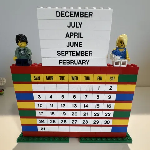 LEGO Brick-Built Perpetual Calendar Display, Printed Month Tiles, 2 Minifigures
