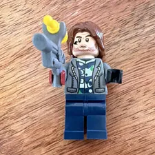 LEGO Minifigure Brown Hair Gray Jacket Dark Blue Legs w/ Large Blaster
