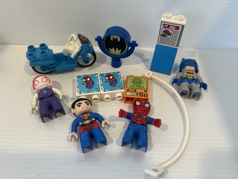12 pc Lego Duplo Spiderman Superman Batman Ghost Spider Motorcycle Bat Signal