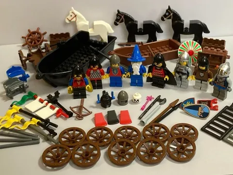 LEGO Castle Minifigures Lot of 8 with 3 Horses Weapons Wagon Wheels 2 Boats