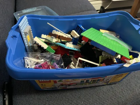 Bin of miscellaneous LEGO; possibly some sets included, LEGO Friends/LEGO Movie