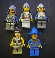 LEGO Minifigure Lot of 5 | 3 Castle Medieval Knights w/ Helmets & Blue Wizard