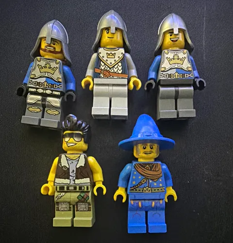 LEGO Minifigure Lot of 5 | 3 Castle Medieval Knights w/ Helmets & Blue Wizard