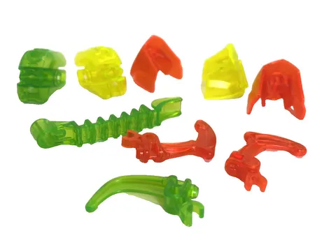 Retired Lego Bionicle Trans Bright Yellow, Green, & Orange Heads And Body Parts