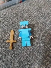 Lego Minecraft Steve Minifig W Azure Helmet And Armor Plus Pixalated Sword. M