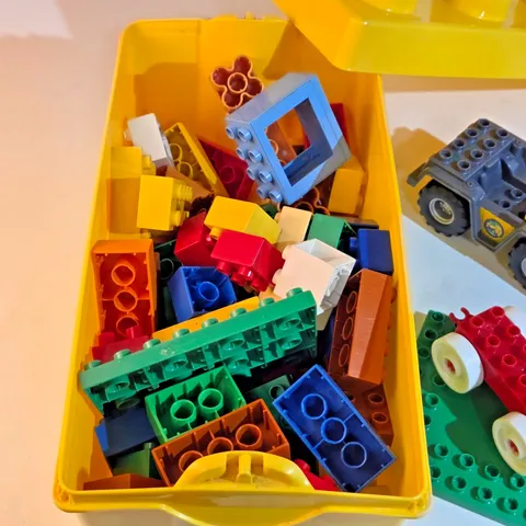 Lego Yellow Storage Brick with assortment of Duplos bricks & toys